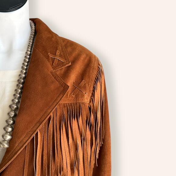 Vintage 80s Wilsons Rust Brown Suede Fringe Jacket Western Boho Cowgirl Small - Picture 7 of 10